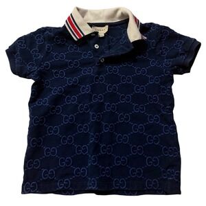 Gucci Kids Navy Blue GG Monogram Polo Shirt Web Stripe Collar Size 5